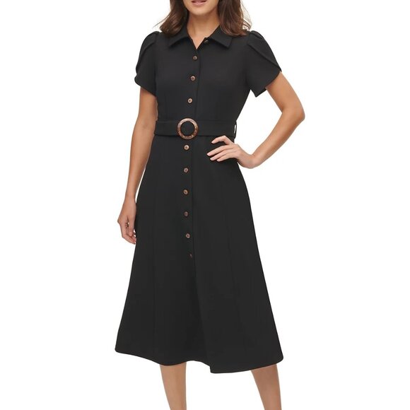 Calvin Klein Puff-Sleeve Belted Midi Dress, Size 4 - Picture 1 of 4